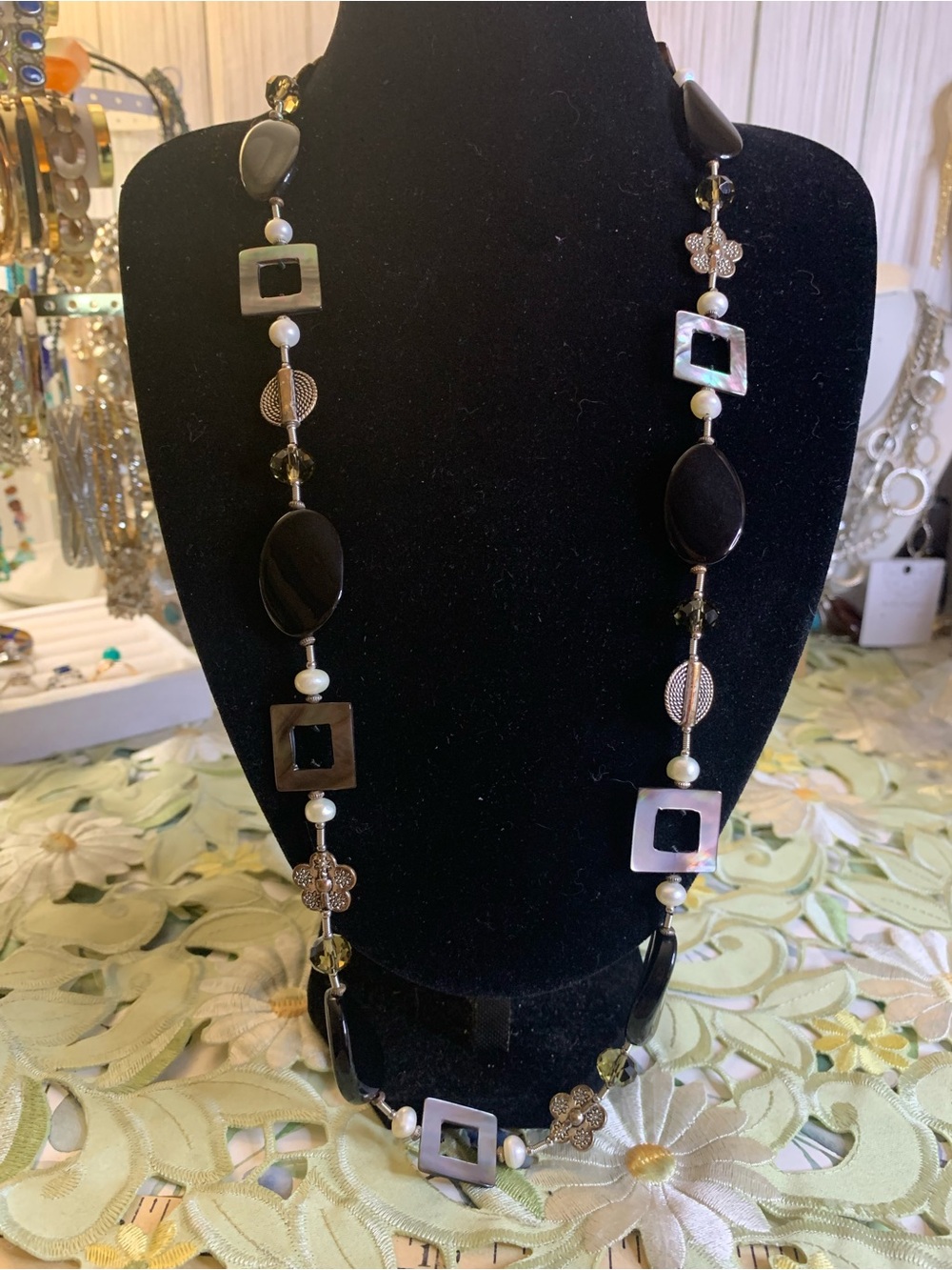 Premier Designs -Black Stone, Mother-of-Pearl Square-Links, and Fresh Pearls